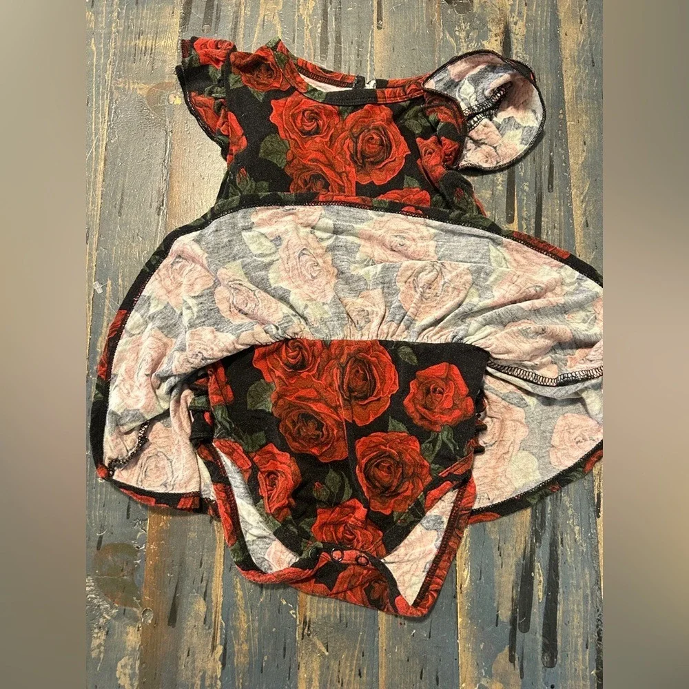 Baby Romper‎ Dress 18-24M Black Red Bamboo Stretchy Rose Floral Cute